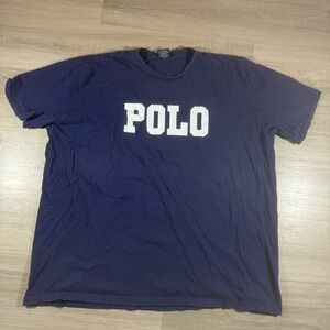 VINTAGE Polo Ralph Lauren Shirt Men 2XL Blue With Fade Spelt Out Logo USA Fabric
